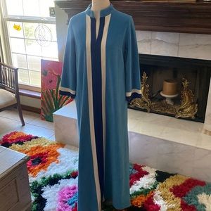 Vintage Vanity Fair Velour Robe Colorblock Hostess Gown 3/4 Zip Front💙✨